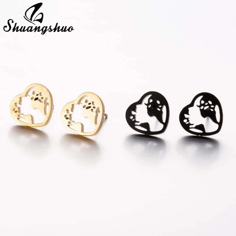 Shuangshuo Stainless Steel Heart World Map Earrings Fashion Cute Mini Earing for Women Ear Piercing Girls Tiny oorbellen | Украшения и