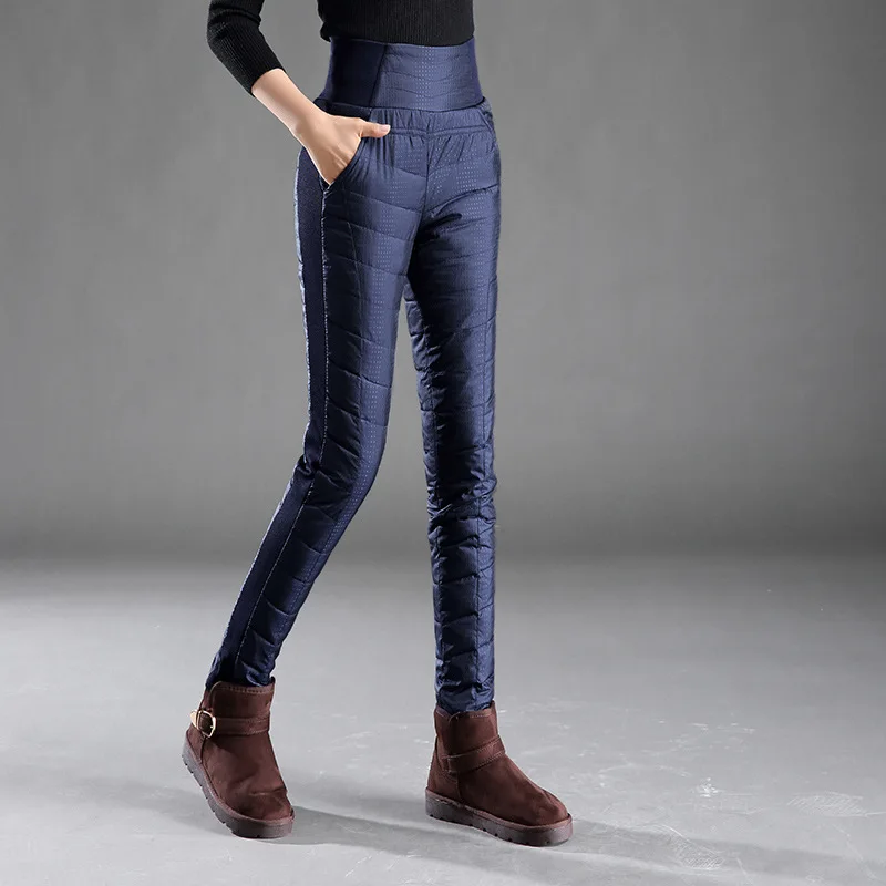 Зимние женские брюки на пуху уличные белые утином с высокой талией тонкие