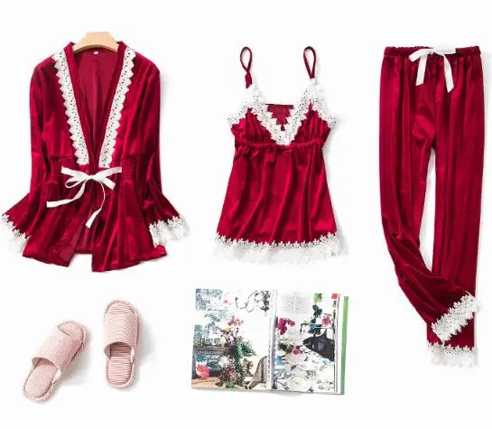 

Fdfklak High Quality Pajamas Sexy Lingerie Pyjamas Women Clothes Sleepwear Women Autumn Winter Pyjama 3 Pieces Velvet Pajama Set
