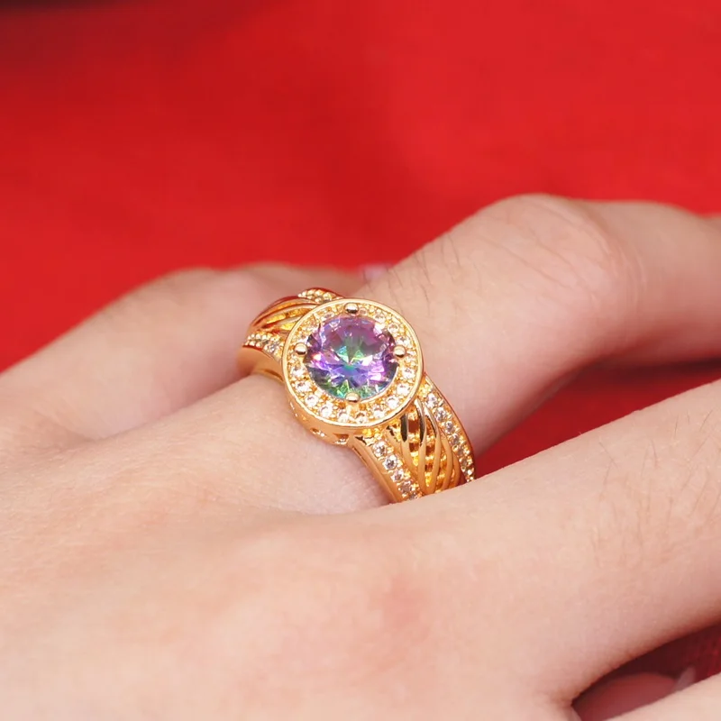 

OMHXZJ Wholesale European Fashion Woman Man Party Wedding Gift Round Colorful Topaz White AAA Zircon 18KT Yellow Gold Ring RR744