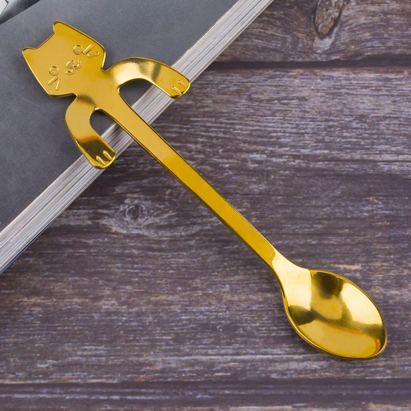 Golden LANSKYWARE маленький мини 304 нержавеющая сталь, милая кошка чайные ложки с фигурками десерт, Мороженое ложка с длинной ручкой кофе и чайная ложка - Цвет: Golden
