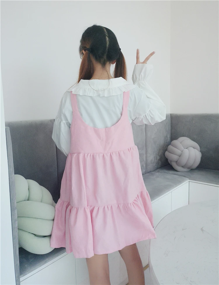Lolita Dress Sweet Cute Kawaii Girls OP Princess Maid Vintage Ruffles Skirt Puff Sleeve Top and Pink Women Round Collar | Тематическая