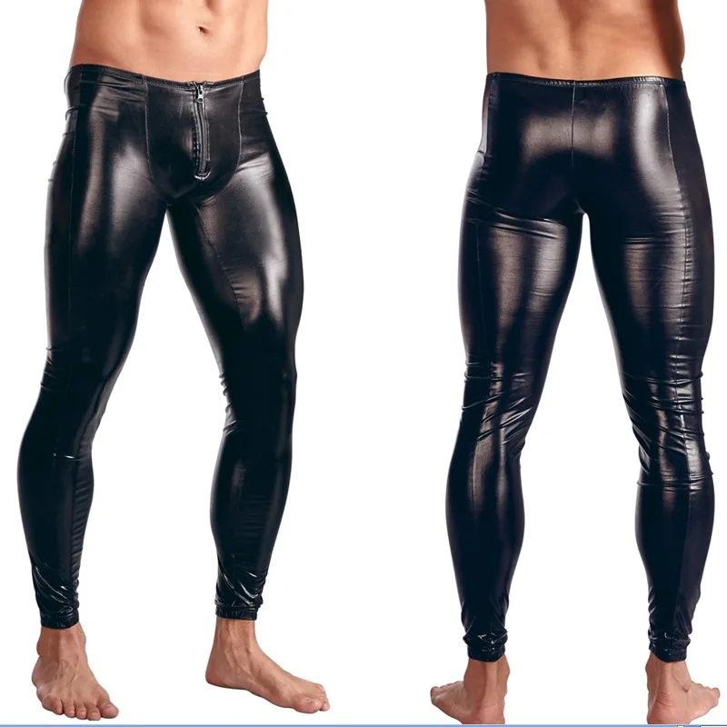

Men's Faux Leather Zipper Tight Pants Man Leggings PVC Long Trousers Muscle Tights Long Pants Nigth Club Underwear Black