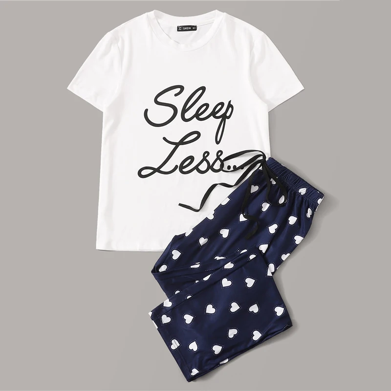 SHEIN Топ С Текстовым Принтом И Брюки С Поясом Пижама Женские Весенние Многоцветные Повседневные Комплекты Пижамы