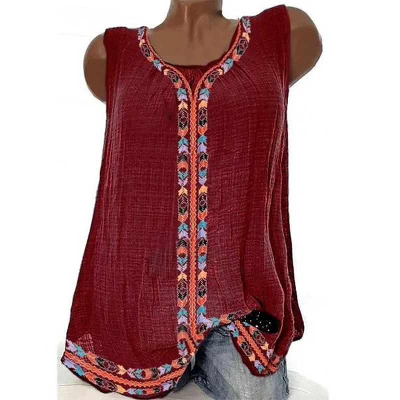 S-5XL плюс размер летние женские Топы Boho без рукавов из хлопка с О-образным вырезом Свободный Топ с принтом в стиле бохо женская одежда