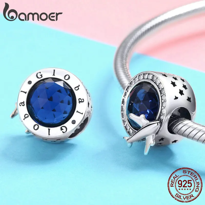 BAMOER, настоящее 925 пробы, серебро, Круглый, Глобал, самолет, амулеты, синий CZ бисер, подходят для женщин, браслеты, ожерелья, сделай сам, изготовление ювелирных изделий SCC895