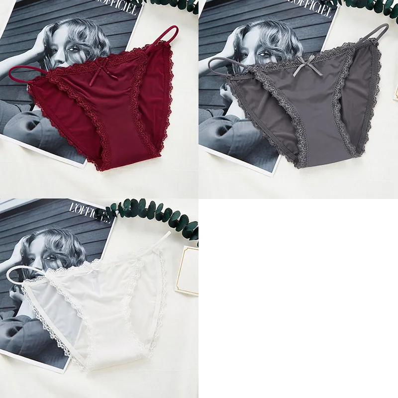 Red Gray White 3 шт., сексуальные женские трусики, кружевные, низкая посадка, одноцветные сексуальные трусы, бесшовные, Интимные стринги, трусики, хлопок, промежность, женское нижнее белье - Цвет: Red Gray White