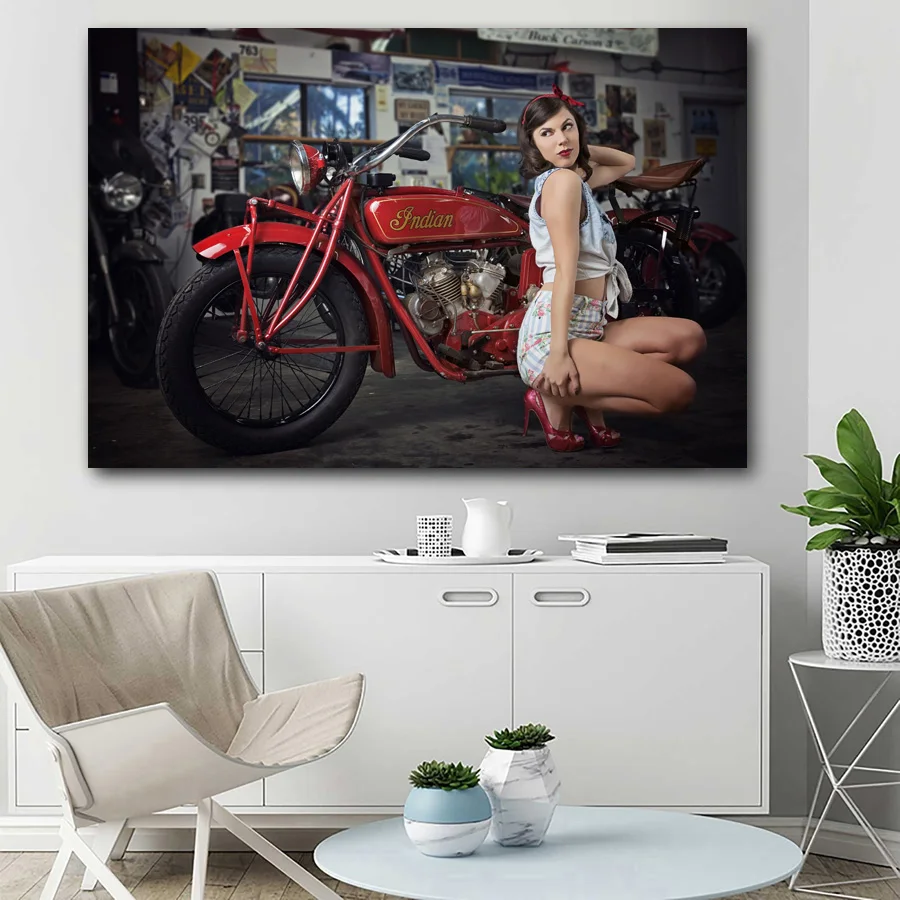 В байкерском стиле в ретро и с изображением девушке пин ап фоновый рисунок