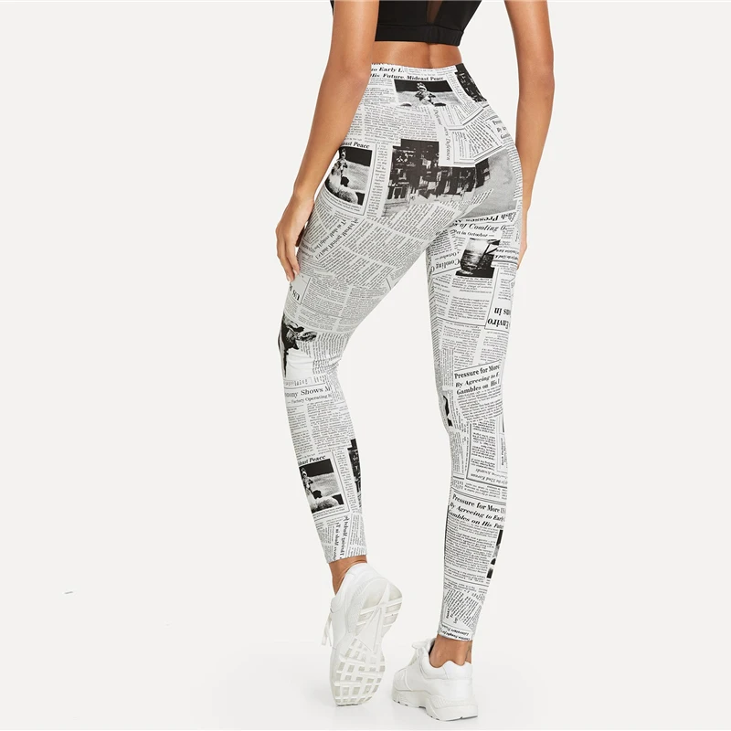 SHEIN Легинсы С Газетным Принтом, Стильные Спортивные Легинсы С Графическим Принтом
