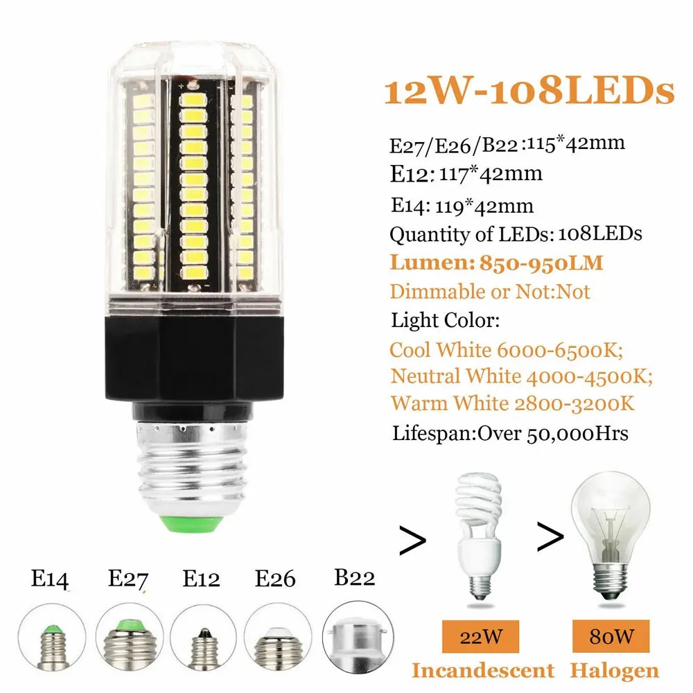 12W 108LED Светодиодный лампочки «Кукуруза» 22-162 светодиодный s E27 E14 B22 штык 5730 SMD 9 Вт 12 Вт 13 Вт 15 Вт домашняя декорационная Лампа AC 110 V 220 V AC 85-265 V - Испускаемый цвет: 12W 108LED