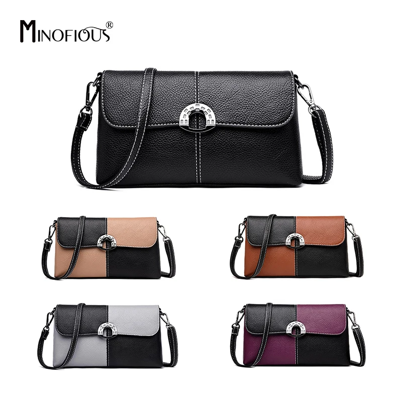 MINOFIOUS Brand Women PU Leather Flap Shoulder Bag Fashion Casual Panelled Messenger Bags Female Solid Hasp Crossbody | Багаж и сумки