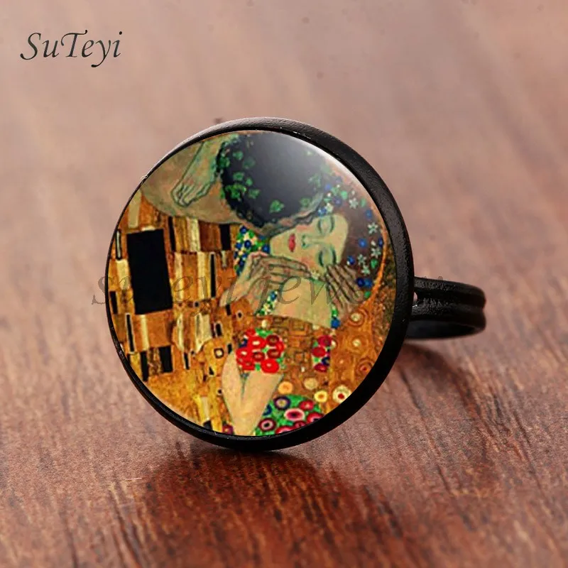 black Suteyi, модные Камея Kiss Klimt из стекла, художественное кольцо для фото, ювелирные изделия ручной работы, регулируемый размер, кольца, подарки для девочек - Цвет основного камня: black