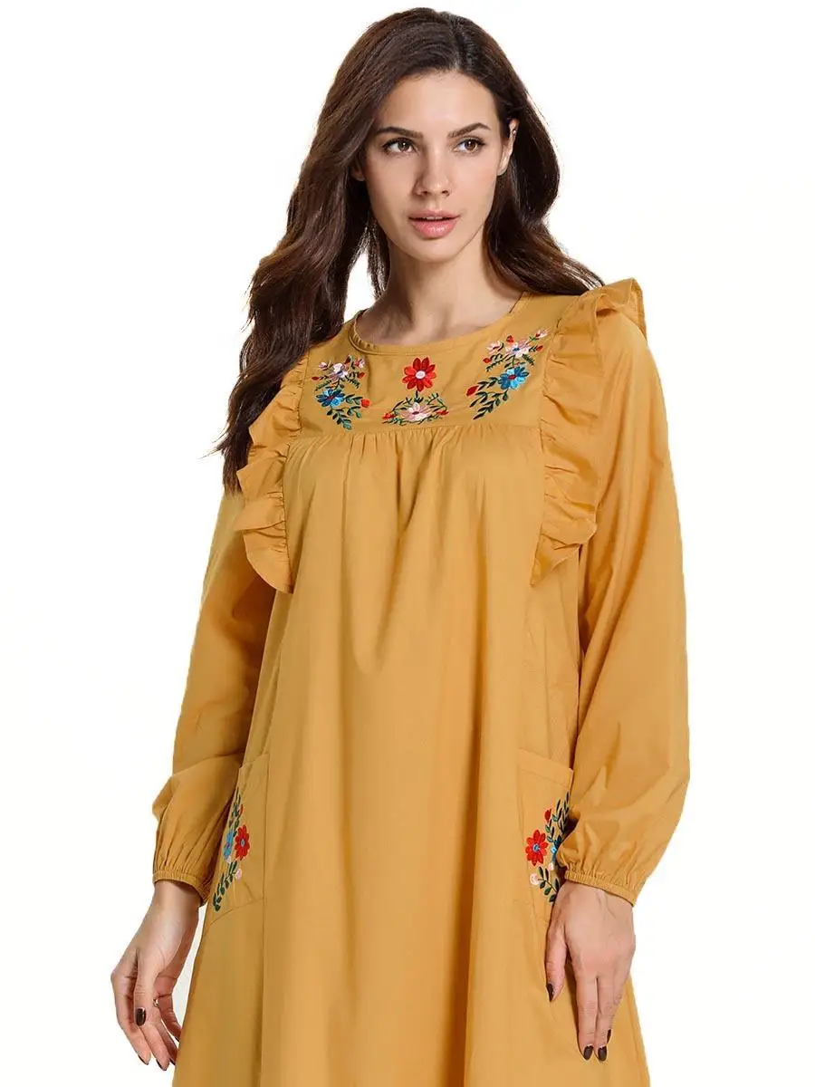 Abaya/длинное платье с вышивкой и оборками; женские мусульманские Длинные вечерние платья; jilbaw; исламский кафтан; одежда с круглым вырезом и длинными рукавами; свободное Повседневное платье