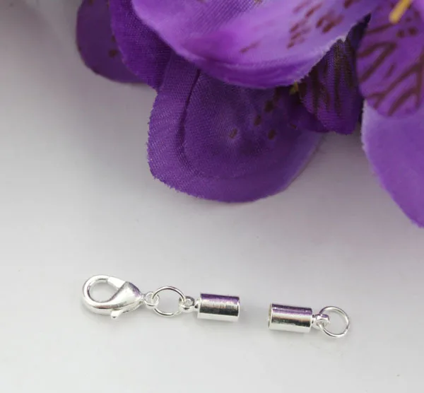 100 комплектов посеребренных наконечников шнура с застежкой для кожи 2 мм #22542|set