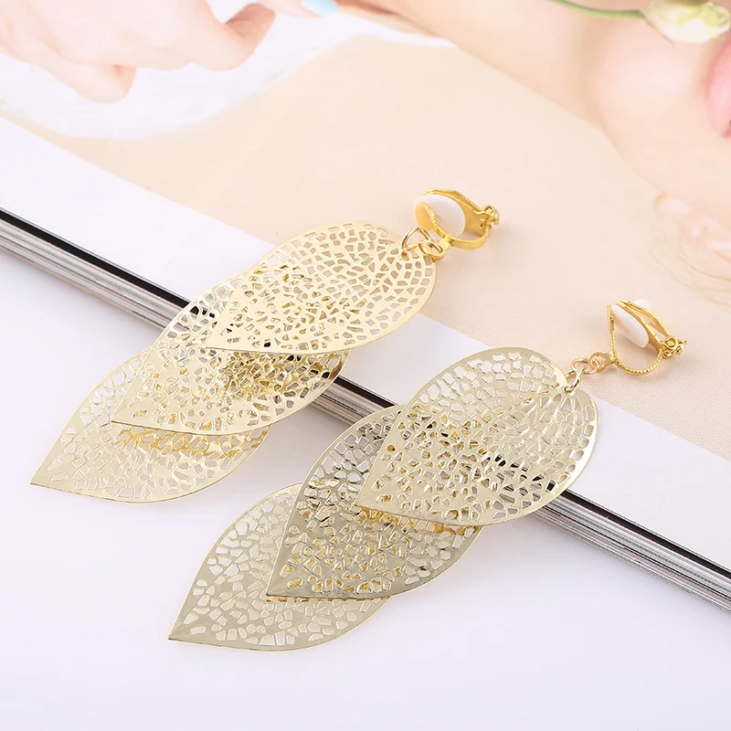 gold clip on Бренд Grace Jun, 4 цвета на выбор, большие, 3 листа, клипсы, без пирсинга, для женщин, для вечеринки, модные, роскошные, массивные серьги, Новинка - Окраска металла: gold clip on