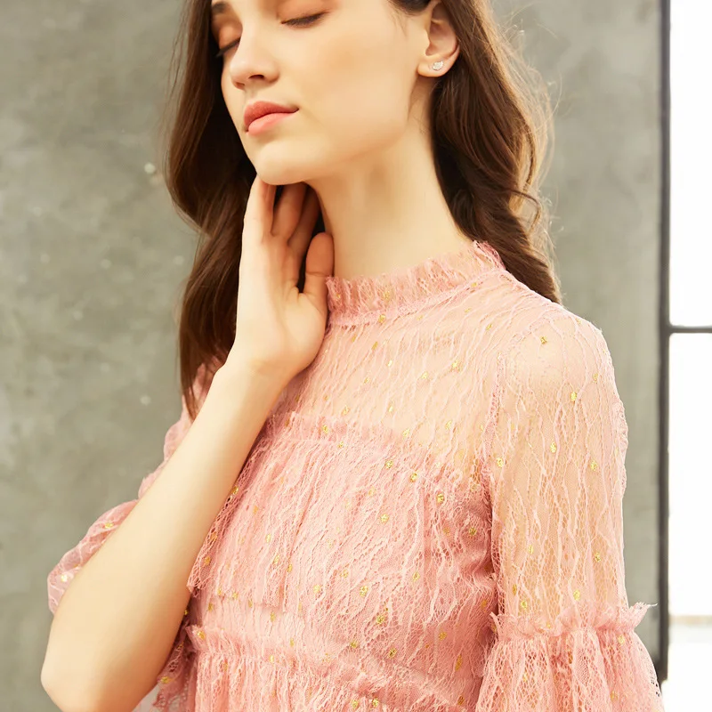 Кружево каскад рубашка 2018 Vogue с расклешенными рукавами тонкий стенд воротник