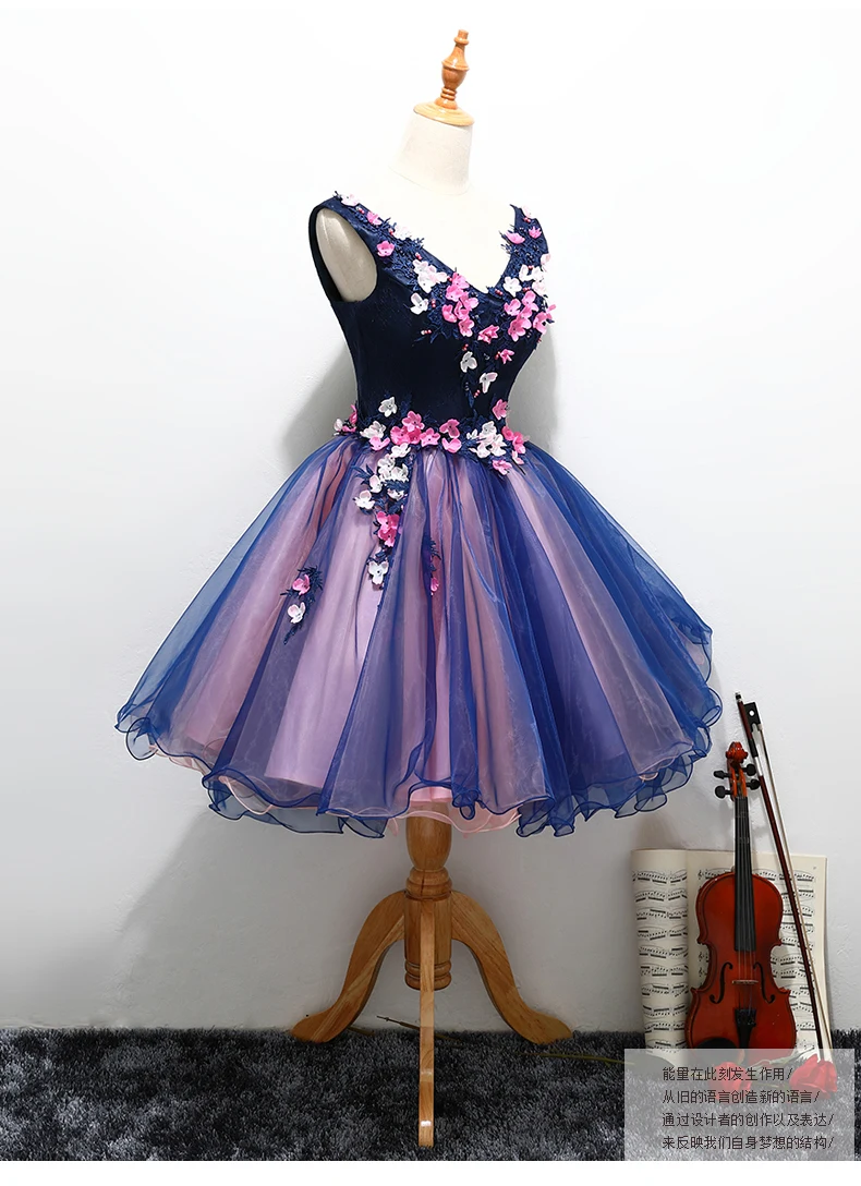 Женское вечернее платье роскошное Короткое Темно синее кружевное с аппликацией