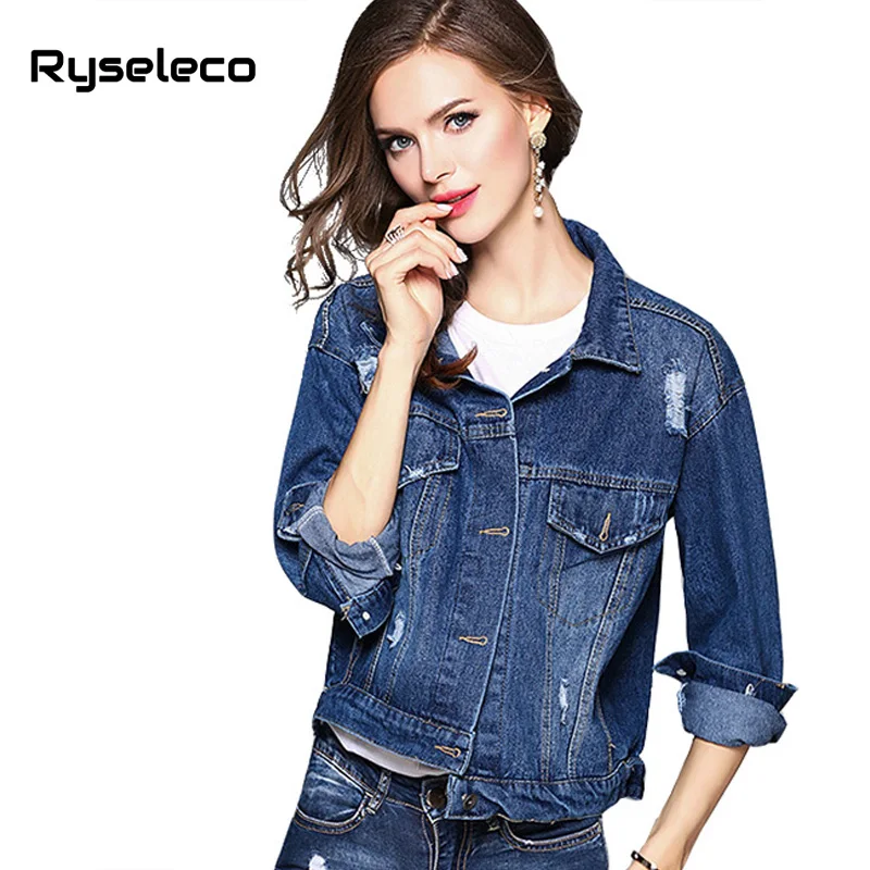 Ryseleco леди Новый стиль личности отверстие Винтаж джинсовая куртка Мода Письмо