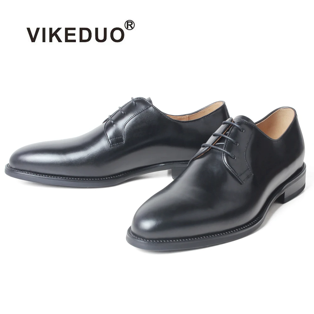 

VIKEDUO 2020 New Full Grain Leather Derby Dress Shoes Men's Wedding Office Round Toe Leather Shoes Men Formal Plain Black Zapato