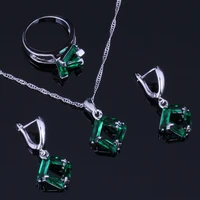 glamorous quadrilateral green cubic zirconia silver plated jewelry sets earrings pendant chain ring v0972