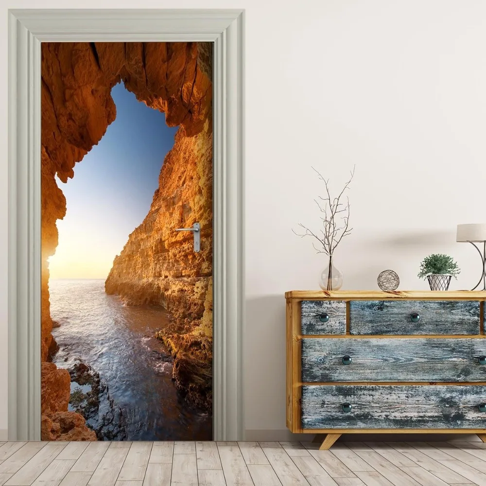 Бесплатная доставка 3D закат Приморская пещера двери настенные наклейки для