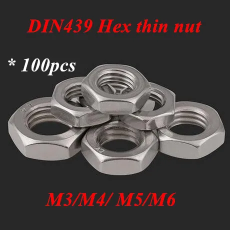 100 шт M3/M4/M5/M6/M8 шестигранные тонкие гайки 304 нержавеющая сталь метрическая резьба