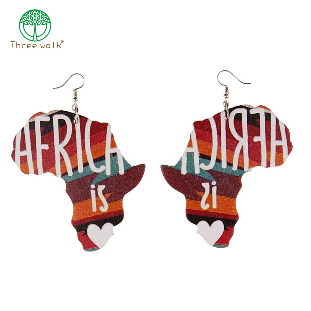 

E220 Wholesale Wooden Afro Map Drop Earrings Women Gift