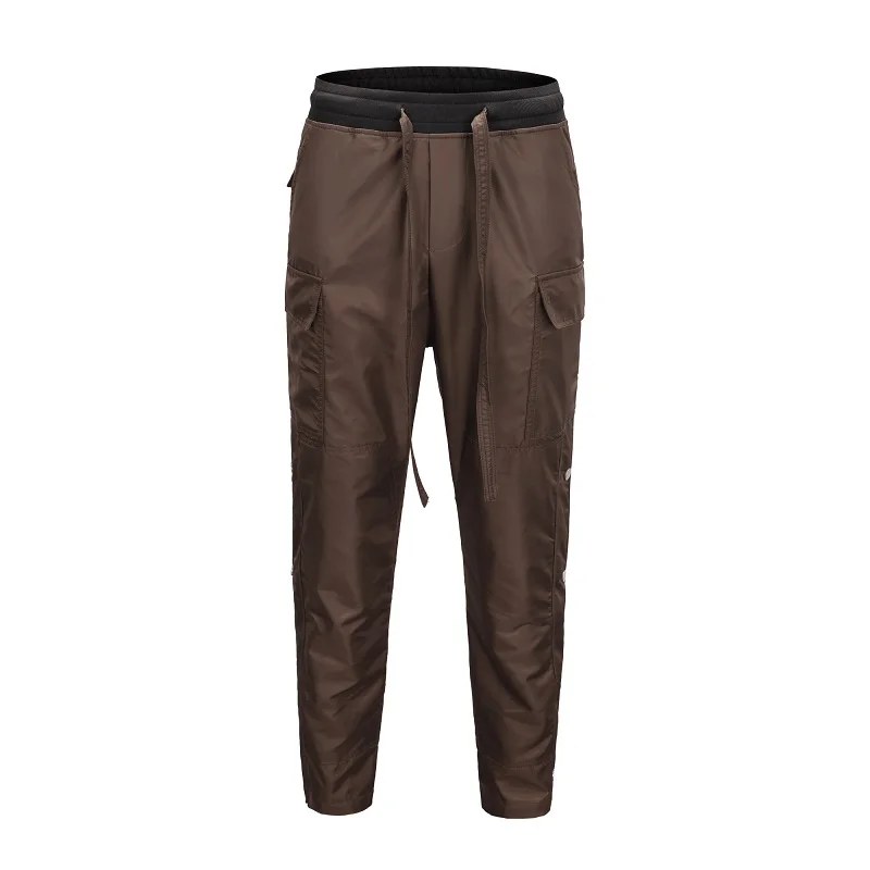 coffee QoolXCWear Мужские штаны с боковой застежкой, брюки-карго в стиле хип-хоп, облегающие, с ребристым поясом, спортивные штаны, черные/кофейные штаны - Цвет: coffee
