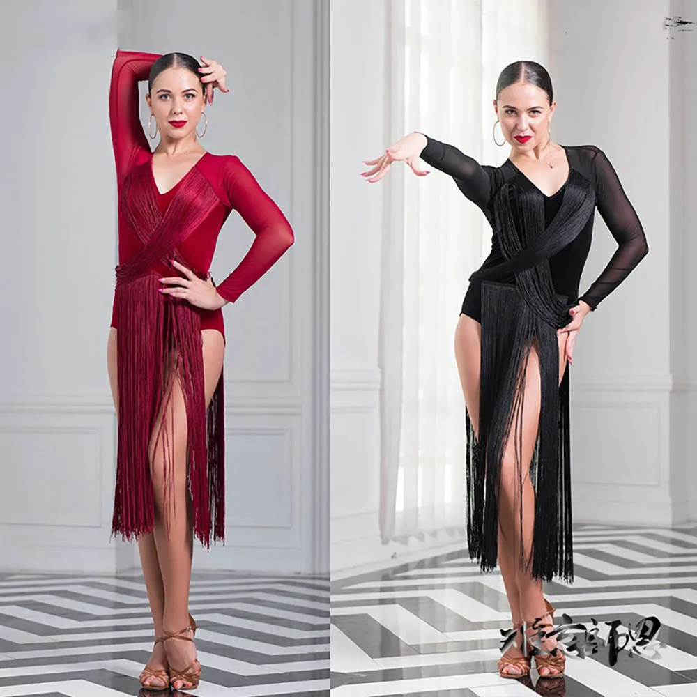 

Latest Latin Dance Dresses For Ladies 3 Color Tassel Gauze S-XL Skirt Perform Women Feminine Ballet Square Dancing Clothes B056