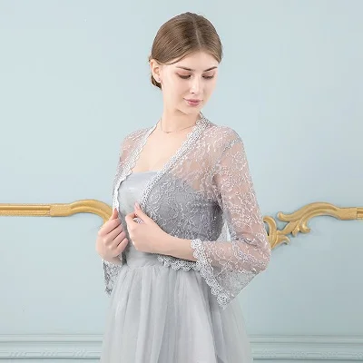 Серый Элегантный женский черный кружевной жакет для свадебного платья с длинным рукавом и аппликацией Болеро для вечеринок - Цвет: Серый