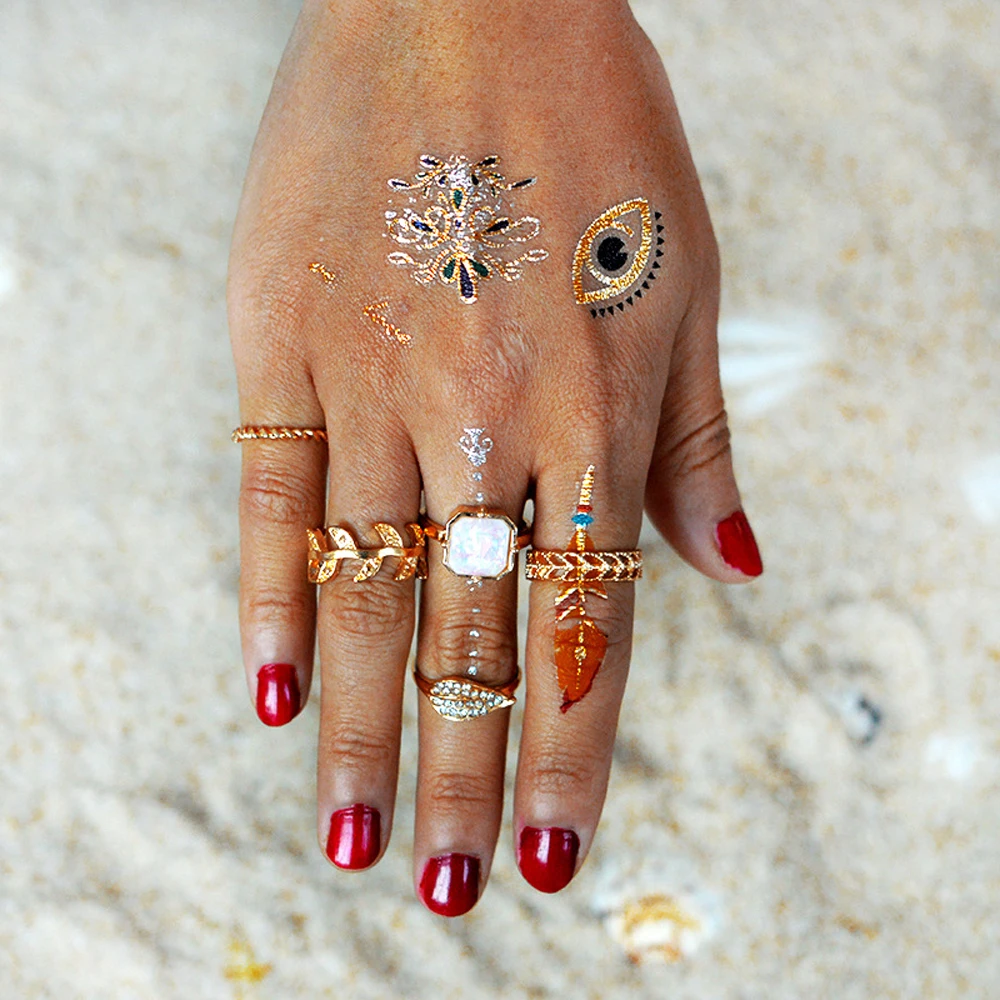 5 Pcs/Set Boho Wedding Rings Gold-Color With Square Leaf Shape Jewelry Hollow Rhinestone Bijoux For Women Accessories | Украшения и