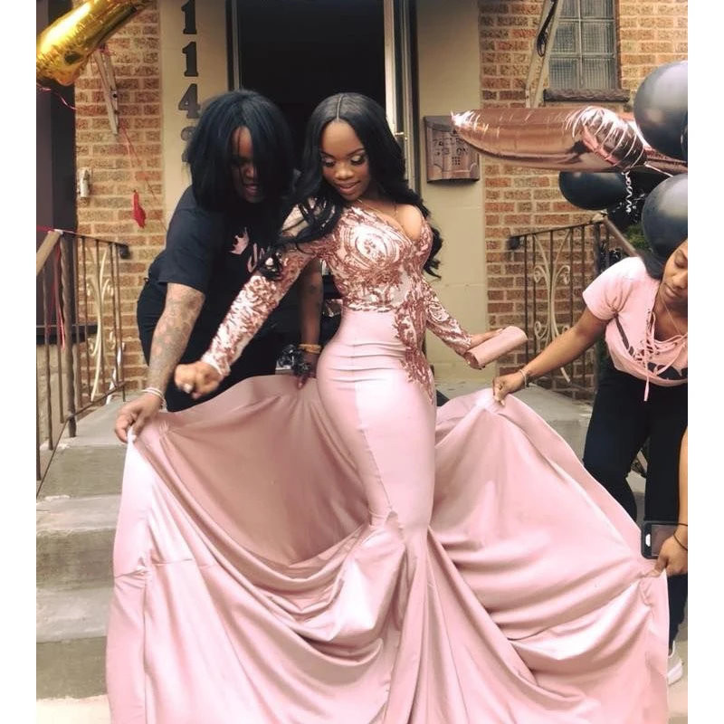 

Sexy Sequins Top Pink Long Sleeve Mermaid Prom Dresses 2019 V Neck Satin Court Train Women Prom Party Gowns For Black Girls