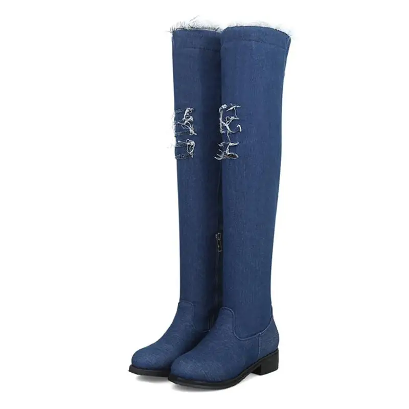 Dark blue ASILETO/Женская обувь на плоской подошве; синие джинсовые ботинки в ковбойском стиле; высокие джинсовые сапоги до бедра; botas zapatos chaussure; S975 - Цвет: Dark blue