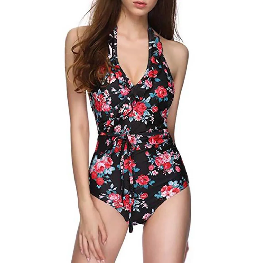 Женская летняя сексуальная Цельная бикини с цветочным принтом черная повязка