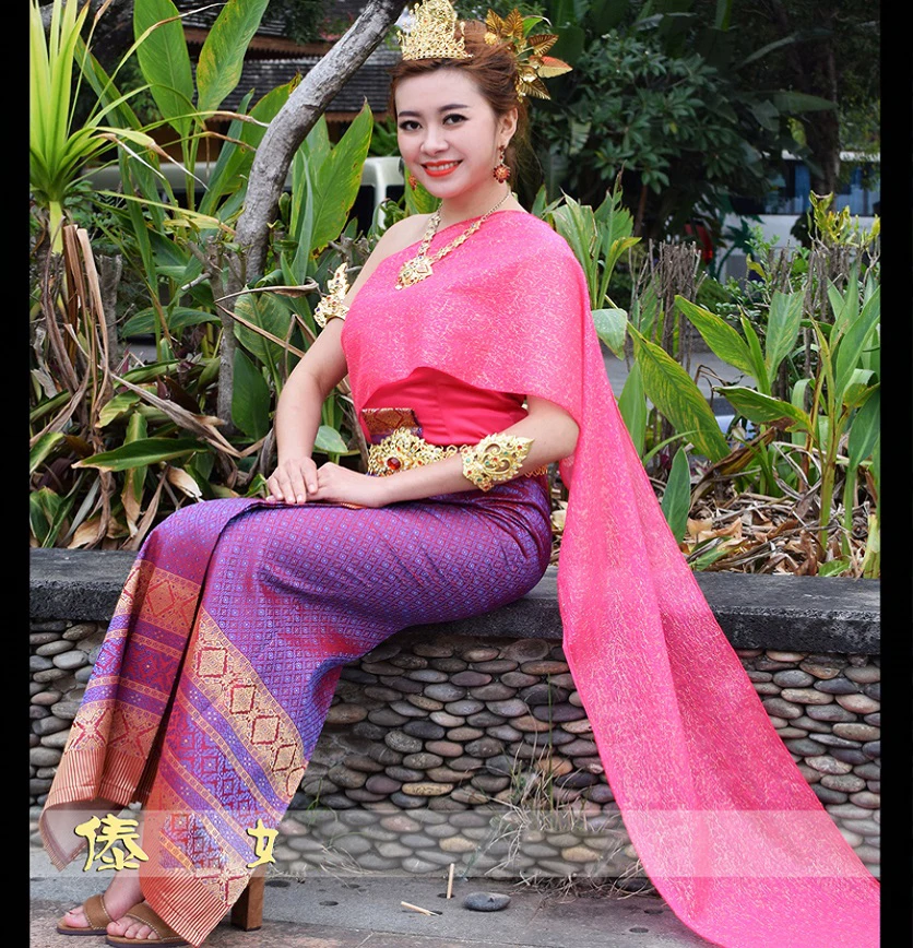

Dai princess dress Thailand traditional special dress female Rose red veil shoulder sleeveless clothes Minority costume