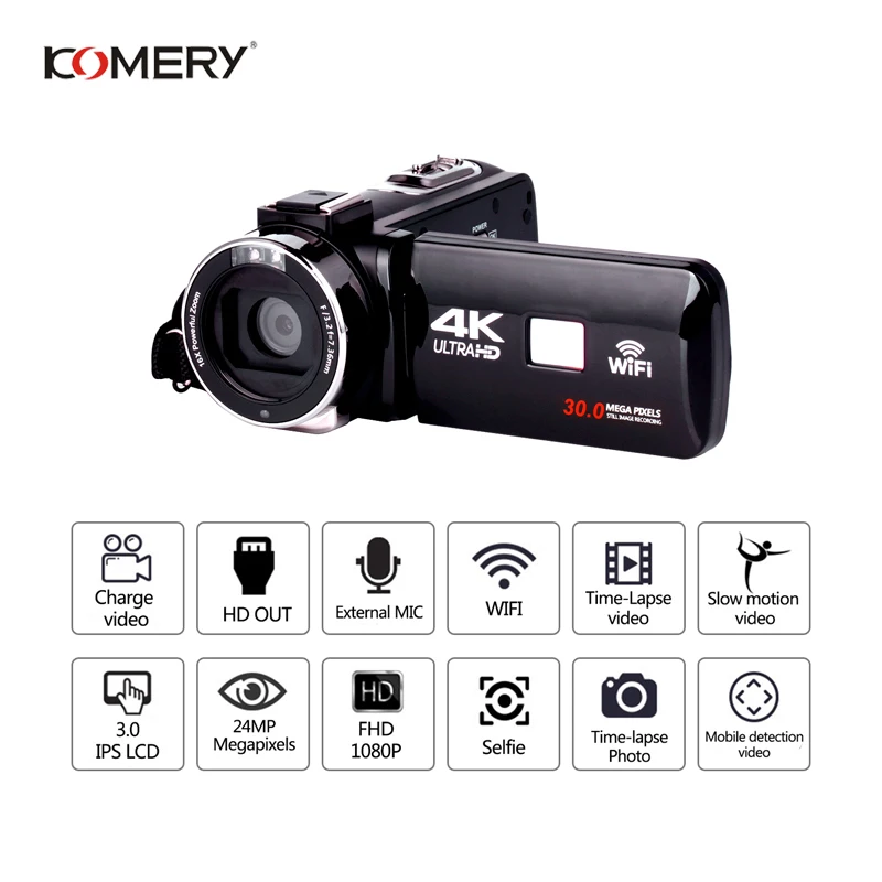 KOMERY 4K FHD 24 млн пикселей 3,0 дюймов сенсорный ЖК-экран видео камера Поддержка Wi-Fi внешний микрофон инфракрасный пульт дистанционного управления