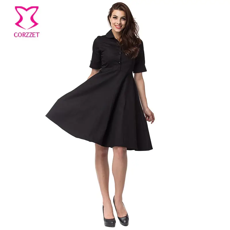 Женское винтажное платье с рукавами Corzzet черно красное Хлопковое в стиле ретро