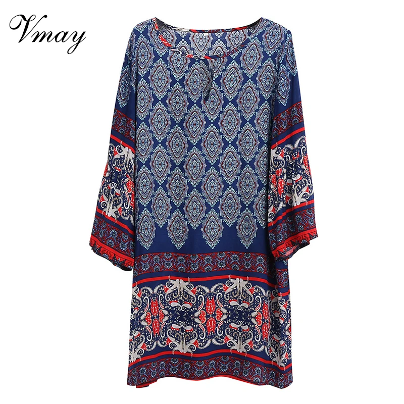 Vmay Для женщин Винтаж Boho Стиль Мини платья Новое поступление запястья рукава v
