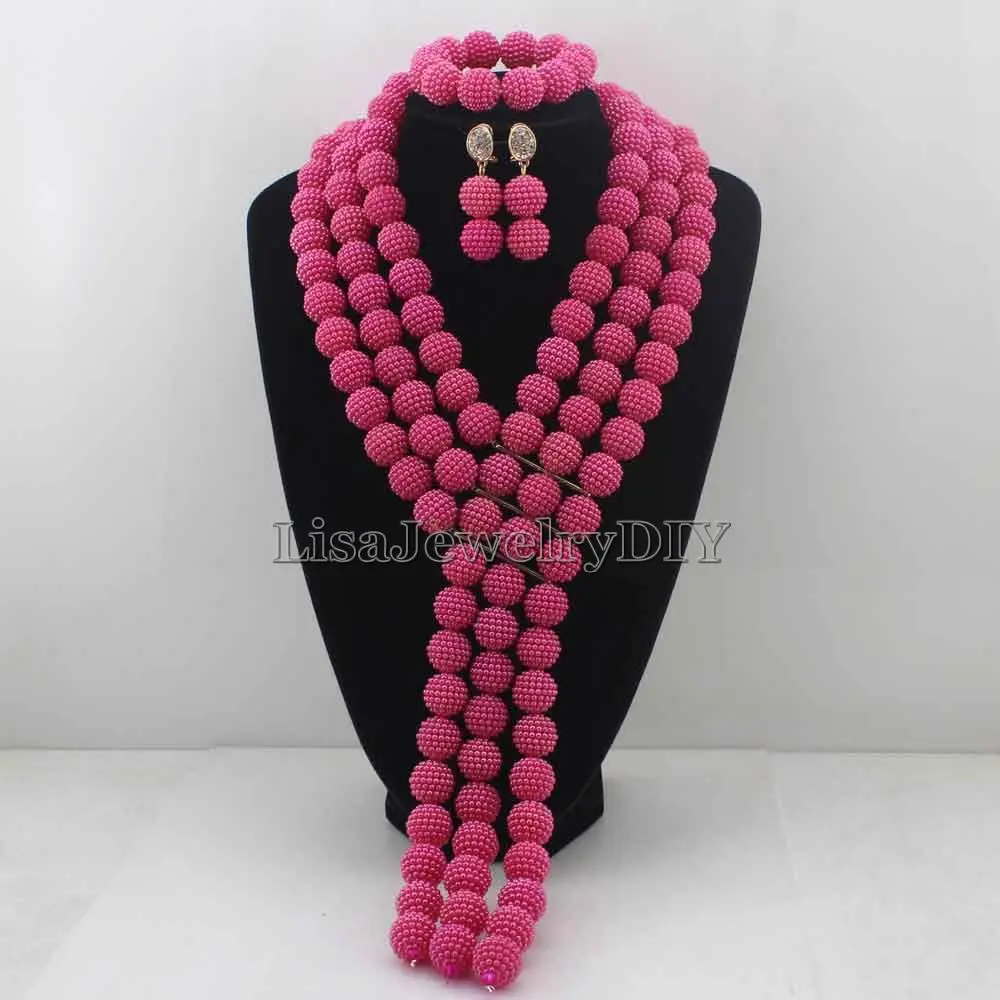 2019 Hot Pink Nigerian Beads Set Pretty Costume African Jewelry Set New Handmade Necklace Set Wholesale Free Shipping HD7611