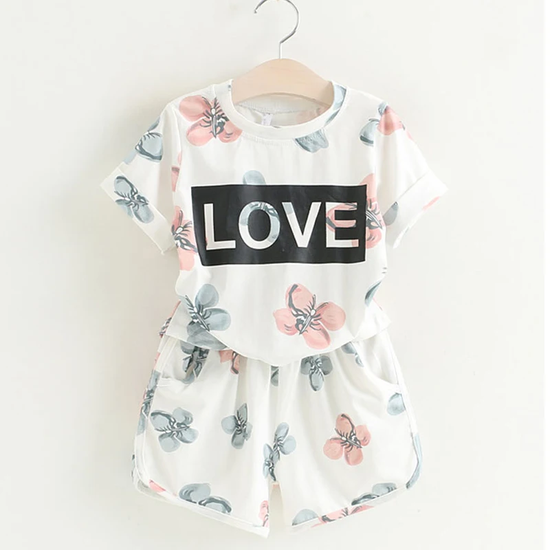 

2021 Girls Sets New Summer Fashion Children Clothes Letters Printed T-Shirt + Shorts 2Pcs Kids Clothing
