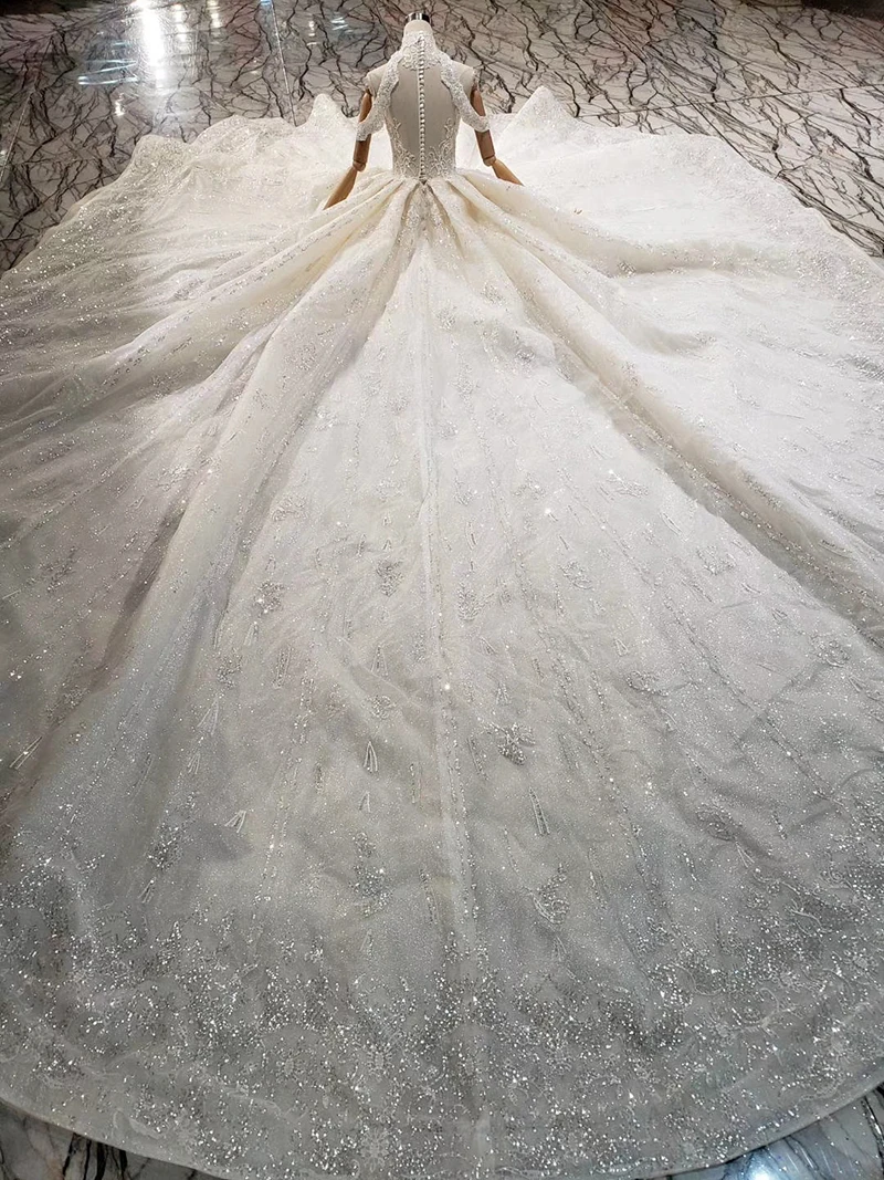 LS20330 Роскошные кружевные свадебные платья с длинным рукавом высоким воротом и