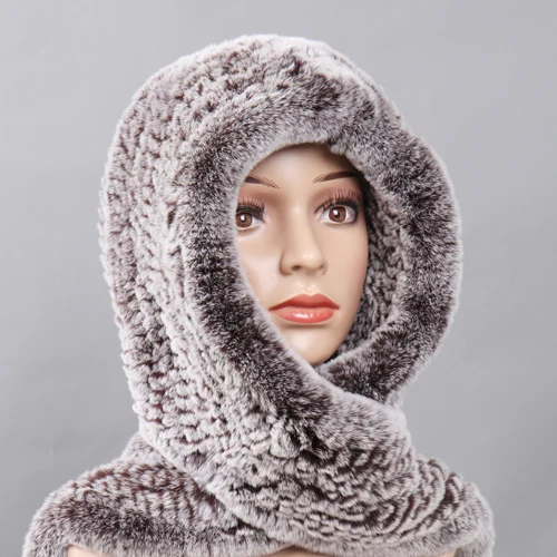 Новые русские женские шарфы с капюшоном из меха кролика рекс женские зимние теплые настоящий мех кролика шапки шарф вязаные шапки из натурального меха - Цвет: FROST COFFEE