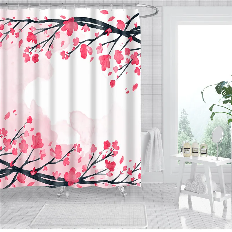 Red Flowers Printed 3d Shower Curtains Waterproof Polyester Fabric Bathroom Screen Chinese Style Bath Curtain Set with Hooks