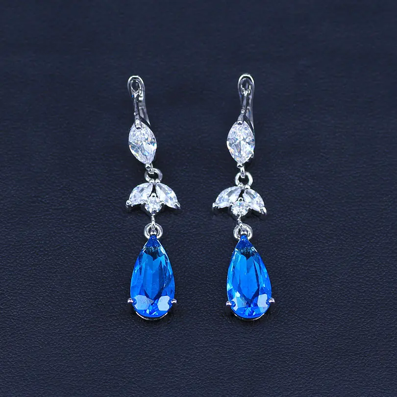 Pretty Present For Girls Graduation Sky Blue Long Water Drop silver color Jewelry Sets long earrings ring pendants rings | Украшения и