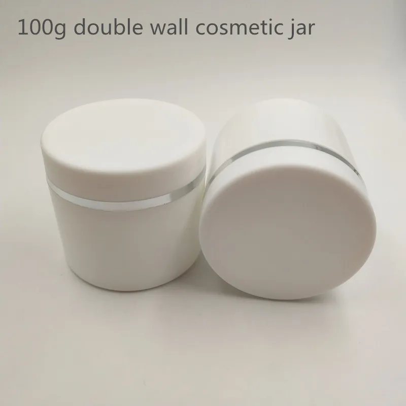 

25pcs/lot 100ml Plastic PP white doule wall cream container with screw cap and sliver rim for Skin Care, face cream