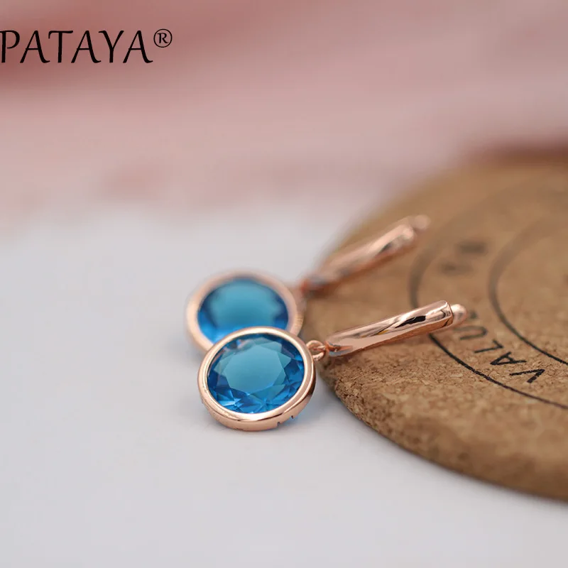 blue PATAYA, новинка 585, розовое золото, розовый цвет, круглый натуральный кубический цирконий, свисающие серьги, разноцветные, RU, популярные, эксклюзивный дизайн, серьги - Окраска металла: blue