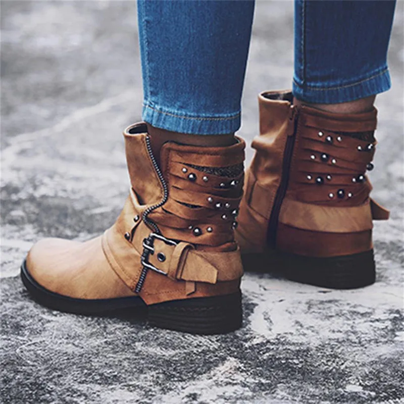 MVVJKE Handmade Rivet Leather Ladies Ankle Boots Winter Fashion Short Plush Zip Buckle Western Motorcycle Strap Punk E167 | Обувь
