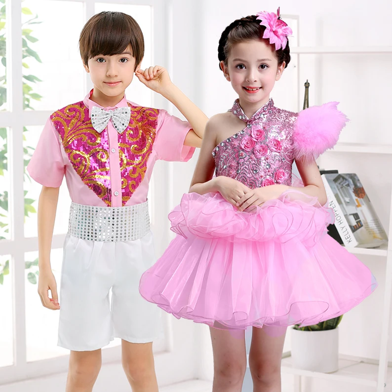 The new preferential girl child princess dress costume choral service schoolchildren stage clothes and dance sequined tutu skirt |