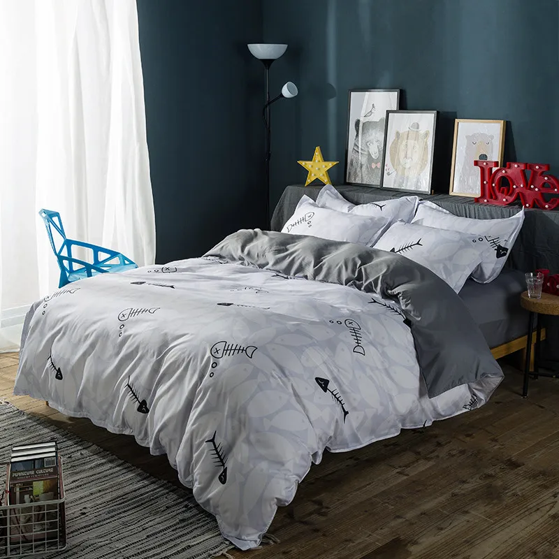 Мультфильм Современный серый белый рыбья кость рисунком дома постельные