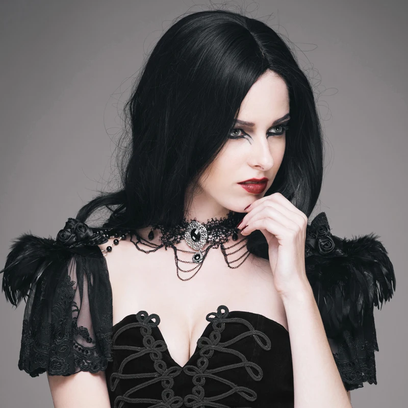 

EVA LADY Gothic Black Charming Shawls with Feather and Chains Decorated Steampunk Women's Cappa Elegant Chokers Free Size